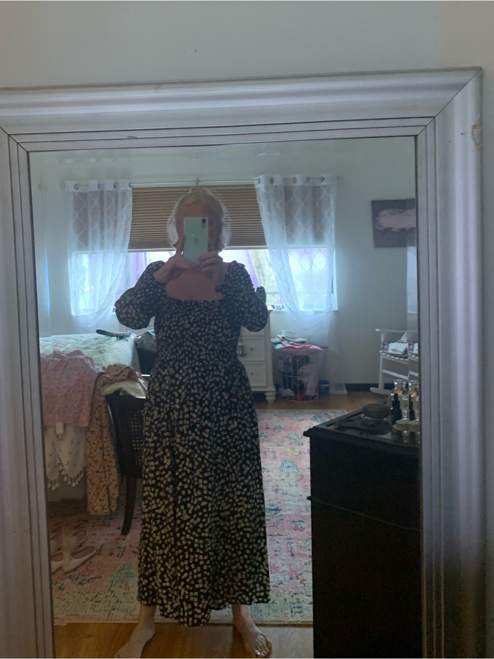 Black Floral Long Sleeve Midi Dress